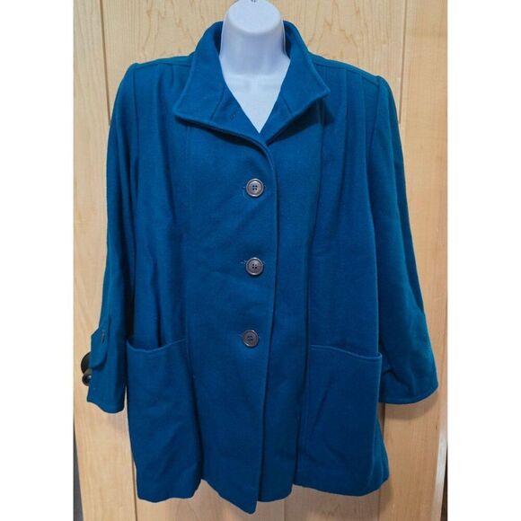Vintage Womens 100% Wool Teal Coat With Button Front 3/4 Sleeves & Pockets Fully - Picture 1 of 9